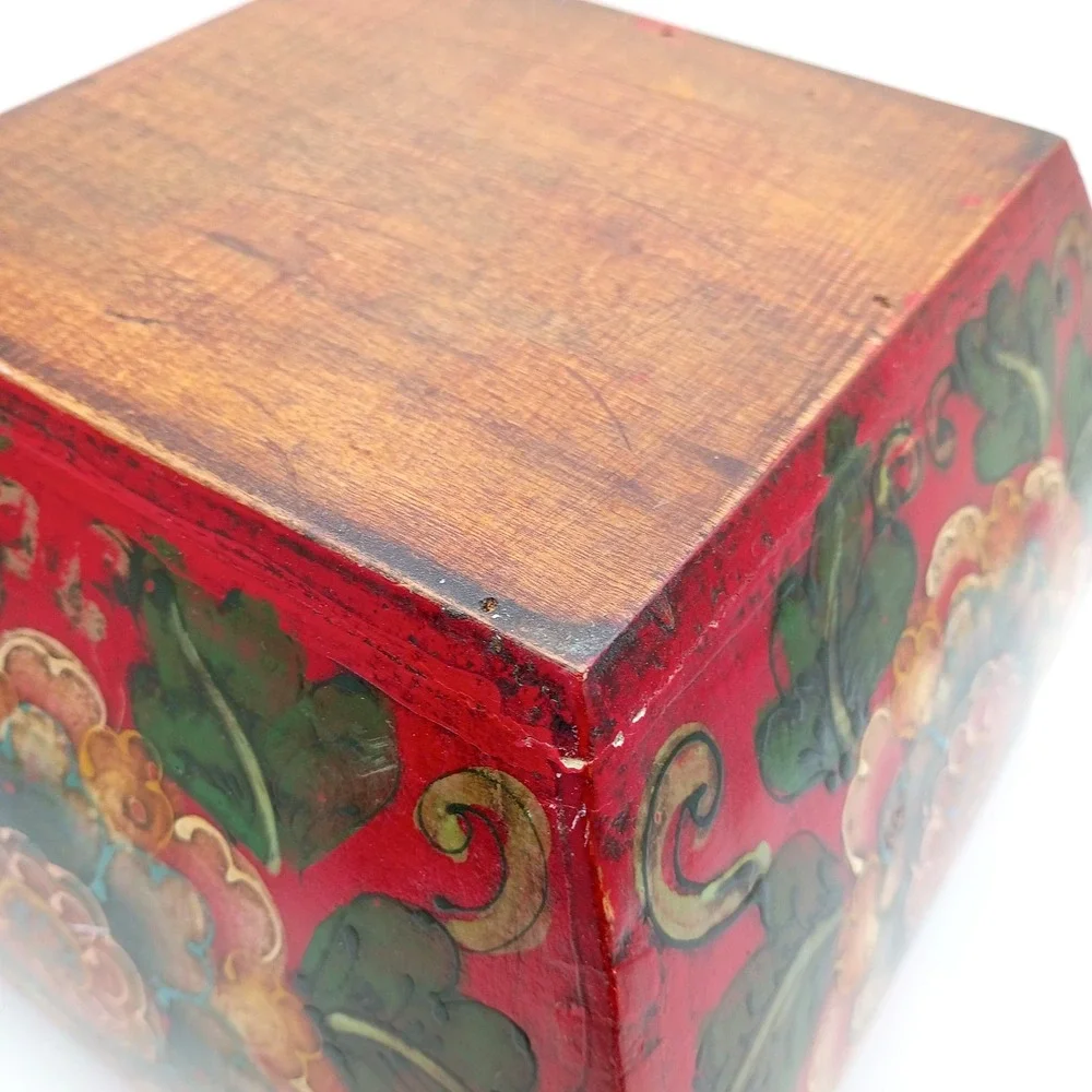 Wooden Dou Rice Grain Box Bucket‎ Red Floral Design Dove Tailed Corners